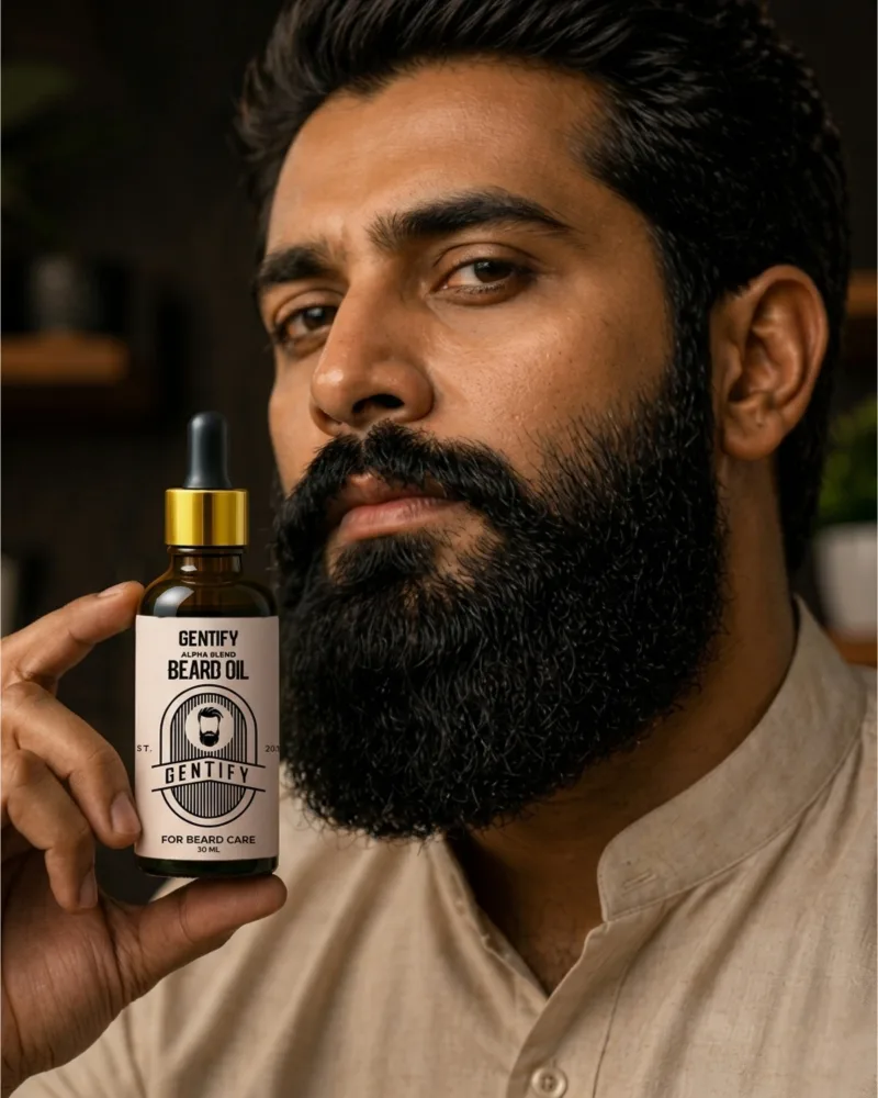 দাড়ি পরিপাটি একজন পুরুষ হাতে Alpha Blend Beard Oil নিয়ে